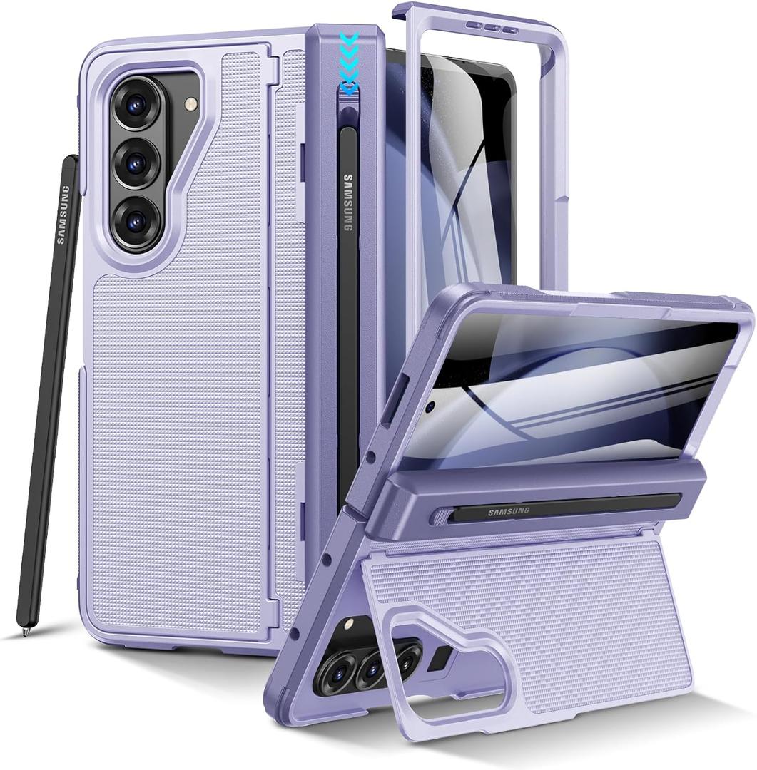 VEGO for Samsung Galaxy Z Fold 5 Case, with S Pen Holder [Hinge Protection][Built-in Screen Protector & Invisible Kickstand] Full Body Shockproof Anti-Slip Rugged Phone Cover for Z Fold 5 -Purple