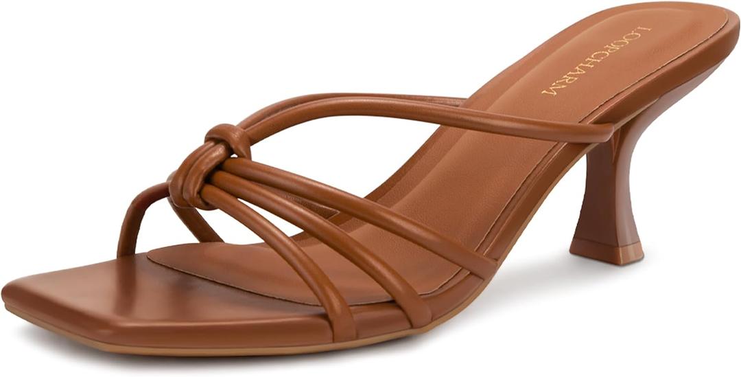 Women's Strappy Square Open Toe Kitten Heels Sandals Knotted Design Summer Fashion Slip On Mule Style (7.5, Brown Pu)