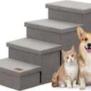 Zerbuger Dog Stairs with Storage 23" H, 4-Step Wider Dog Steps for High Beds Window, Folding Sturdy Pet Stairs Gift for Injured Old Dogs Cats, Ramp for Climbing Car Up to 200 lbs,(Gray, No Condo)