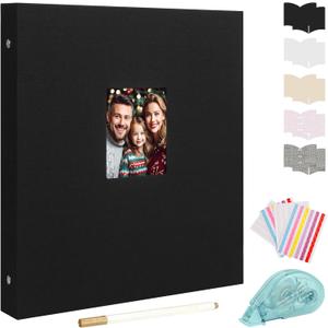 Aevdor Scrapbooks Photo Album Linen Cover, 8.5x11 Inch Large 3 Ring DIY Scrapbook Album 40 Sheets 80 Pages, Scrap Book for Baby Shower Travel Wedding Anniversary Kids Adventure, Scrapbook Kits (Black)