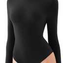 REORIA Women's Turtle Neck Long Sleeve Bodysuit Basic Slim Fit Double Lined Lightweight Layering Top for Fall & Winter (Large, Black)