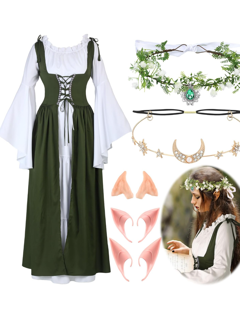 Bonuci Renaissance Fairy Costume Women Medieval Dress with Elf Ears Moon Head Chain Flower Crown for 1700s Victorian Cosplay, 2XL-3XL