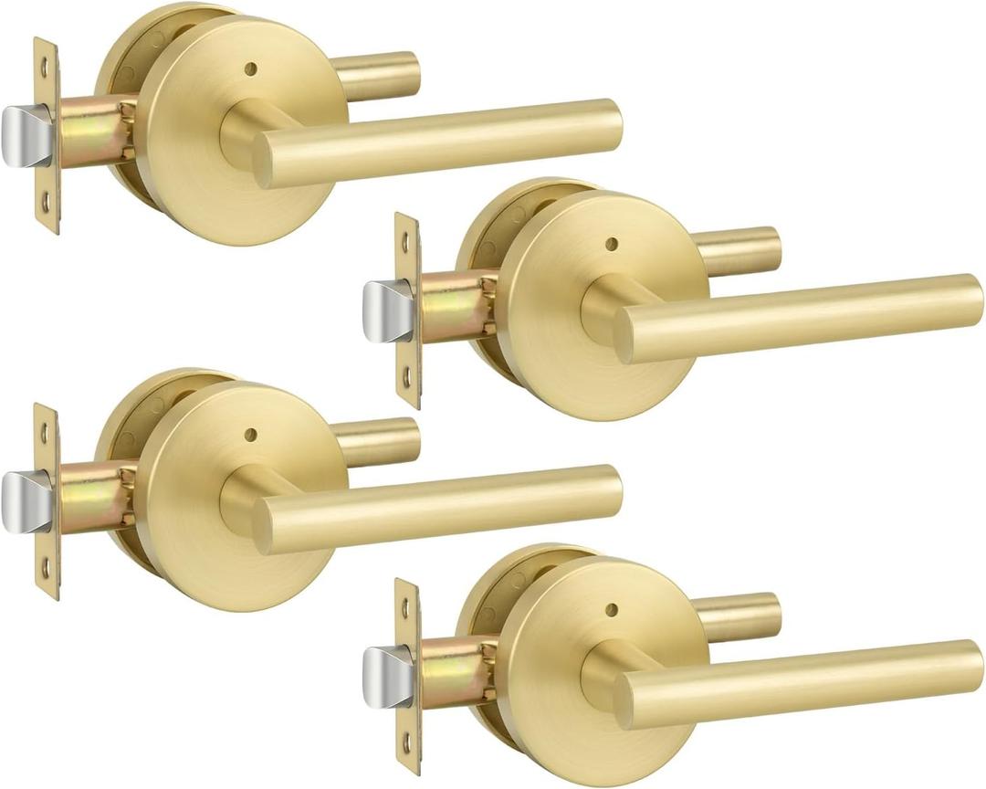 goldenwarm Gold Privacy Door Handle, Heavy Duty Zinc Alloy Interior Door Handles, Interior Brushed Gold Door Lever for Bedroom, Bathroom, 4 Pack