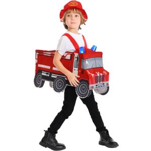 Kids Fire Truck Costume with Siren and Fire Lights, Funny Truck Costume Onesie with Helmet for Boys and Girls (5-7Y)