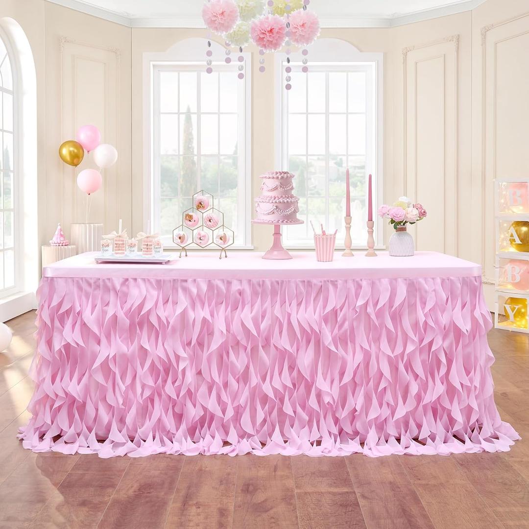 Leegleri 14ft Pink Tutu Table Skirt Tulle Curly Willow Table Skirt for Rectangle & Round Table, Tutu Ruffle Tablecloth for Princess Girls 1st Baby Girl Birthday Party, Baby Shower Decoration, Gender Reveal