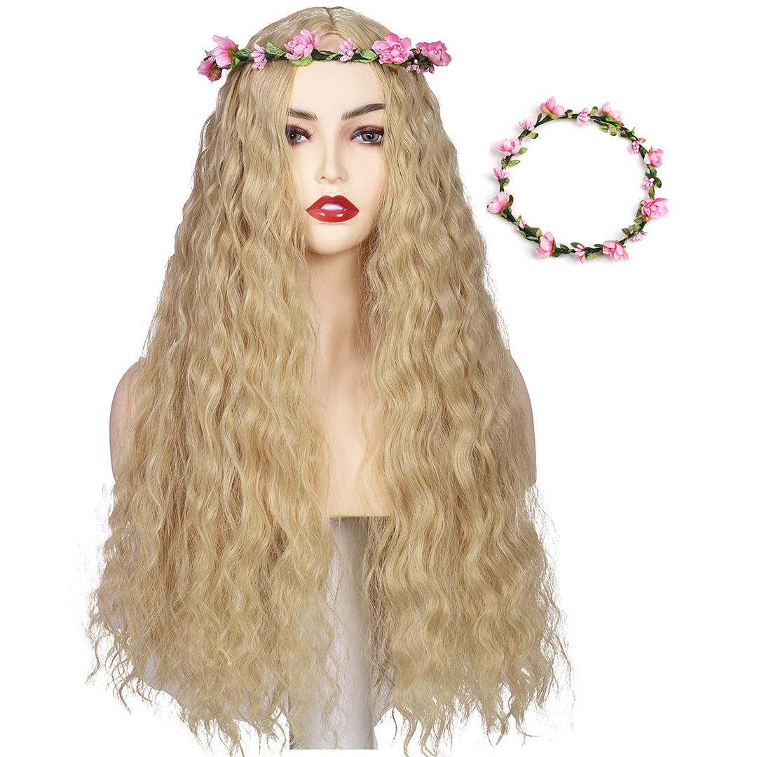 ColorGround Long Blonde Fluffy Cosplay Wig with Pink Flower Headband for Women