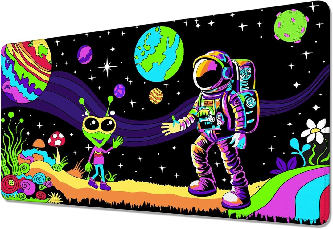 Astronaut and Alien Trippy Desk Mat,Large Gaming Mouse Pad,Non-Slip Rubber Base Mousepad with Stitched Edges,Waterproof Mouse Mat Desk Pad for Work, Game, Office (31.5x15.7 in)