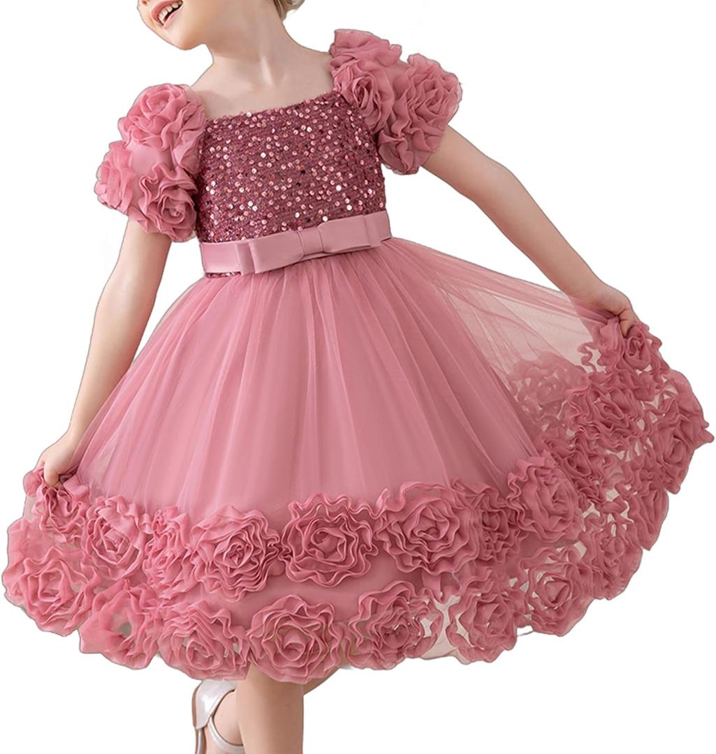 Little Girl Dress with 3D Floral Embroidery Flower Girl Dresses for Easter, Wedding, Birthday Or Graduation (2T, Dusty Rose)