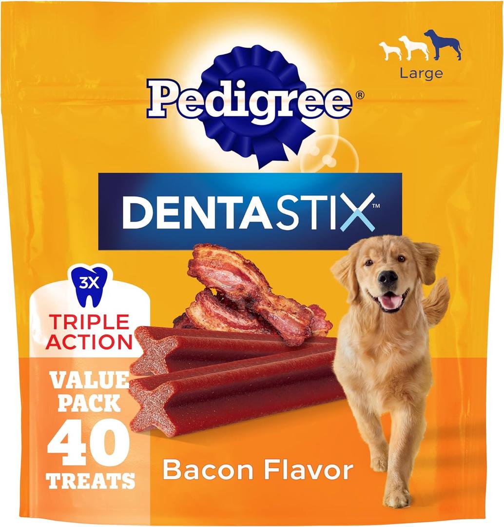 Pedigree Dentastix Dog Dental Treats, Large Breed Dog Treats, Bacon Flavor, 2.08 lb. Bag (40 Treats Total) (40 Count (Pack of 1)