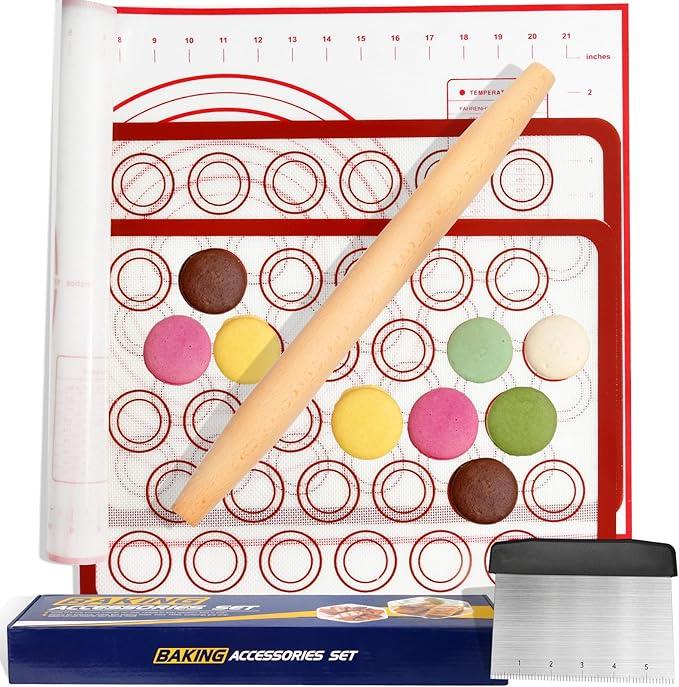 Silicone Baking Mat Sets, Dough Mat with Macaron Baking Mat Pastry Cutter Rolling Pin,Food Safe Pastry Mat, Reusable Cookie Sheets Liner Pack of 10