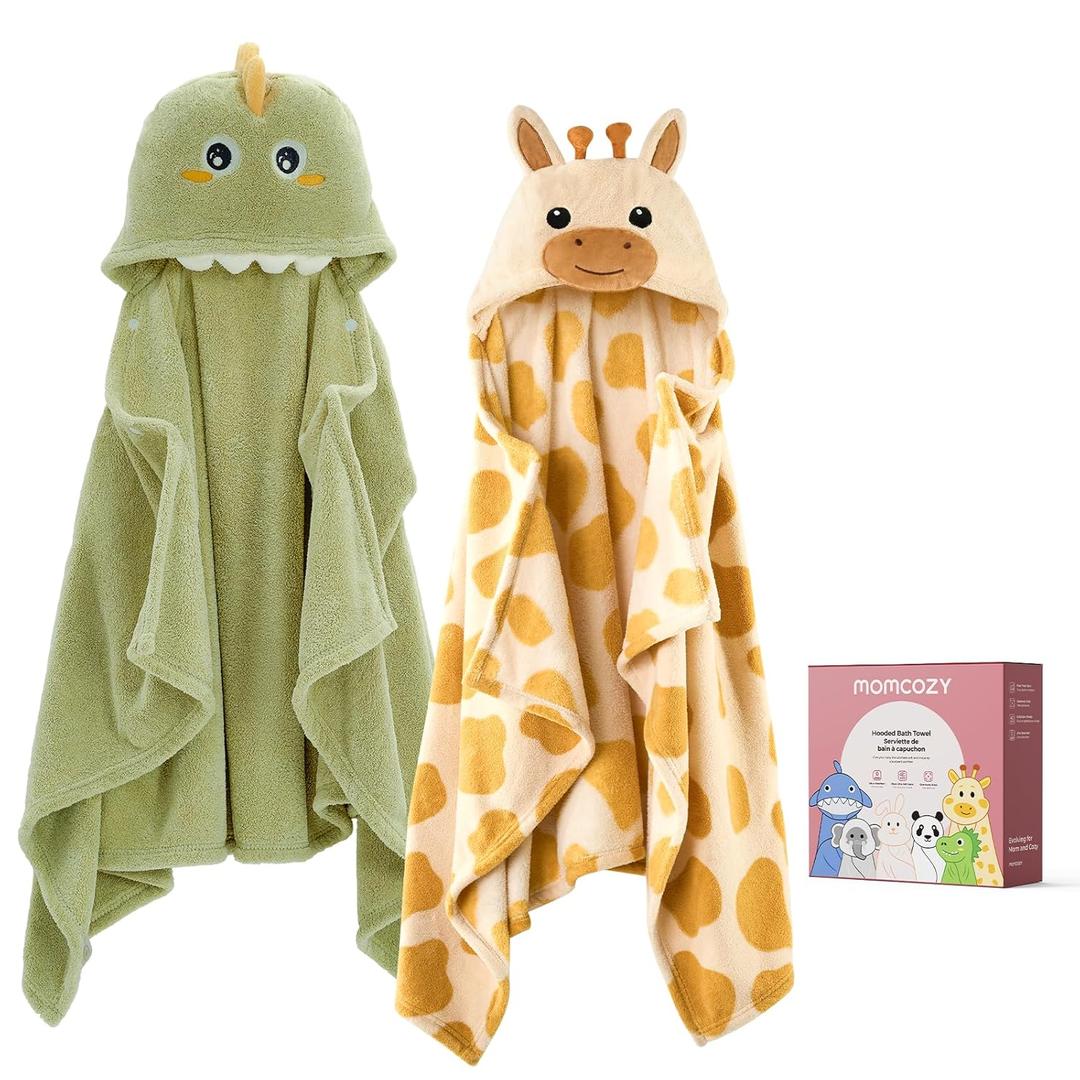 Momcozy Baby Bath Towels with Visualize Health Label - Ultra Soft & Absorbent Coral Fleece Hooded Towels for Newborn, Infant, Toddler (0-36 Months) Bath Essentials (Large Size,2 Pack) (Giraffe and Crocodile)