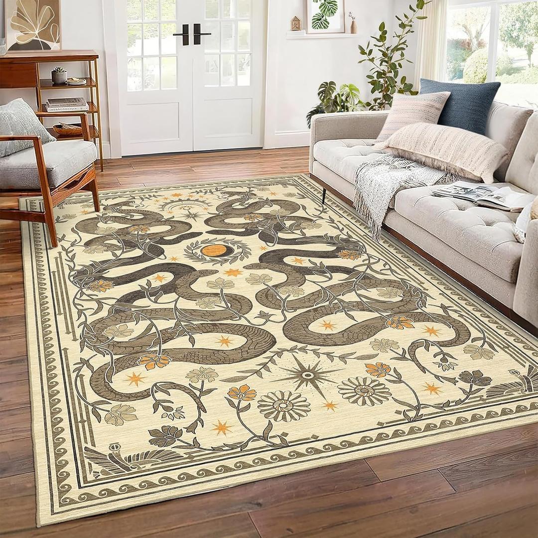 Snake Washable Rugs 5x7 Area Rug for Living Room Forest Soft Low-Pile Stain Resistant Thin Carpet for Bedroom Dining Nursery Non Slip Mat with Rubber Back Beige