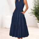 MEROKEETY Womens Summer Casual Midi Maxi Dress 2026 Beach Vacation Sleeveless Boho V Neck Cotton Modest Long Dresses Pockets