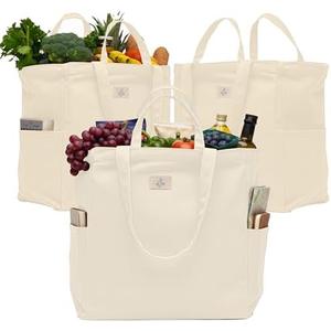 3-Pack Reusable Grocery Bags - Heavy Duty, Large 12 Oz Cotton Canvas Reusable Shopping Bags With Pockets, 100% Cotton Cloth Grocery Totes, Foldable Multi Compartment (Cream)