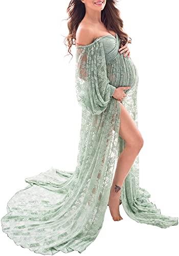 Saslax Lace Off Shoulder Doubly Split A-line Skirt Maternity Dress Soft Stretchy Pregnancy Prop Maxi Gown for Photoshoot Sage X-Large