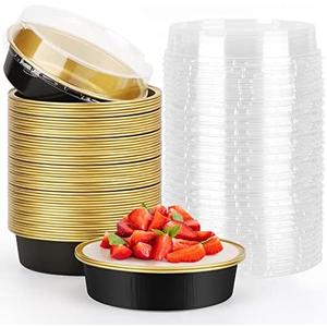 Beasea Aluminum Cupcake Pans With Lids, 50 Pack Disposable Pie Pans For Cake, Aluminum Pie Pan Tin Black Golden Tart Pans Round Oven Baking Mini Cake Pan For Pie Tart Quiche