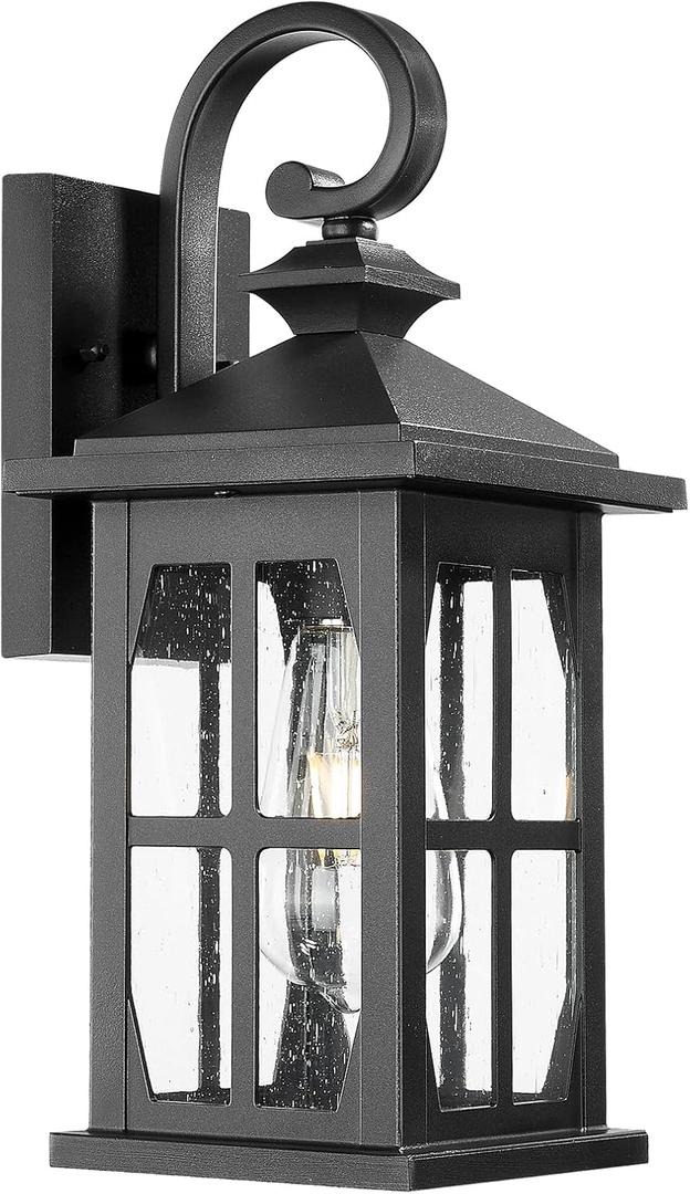 Darkaway Outdoor Light Fixtures Wall Mount, Outdoor Wall Lights Exterior Lighting Fixtures Waterproof Black Outside Wall Sconce with Seeded Glass for House Porch Hallway Garage Front Door (Medium)