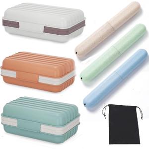 3Pcs Travel Soap Case and 3Pcs Toothbrush Travel Case Set,Leakproof Soap Dish with Lid Portable Toothbrush Holder for Traveling, Camping, Bathroom- Waterproof Drawstring Bag for Boot Backpack