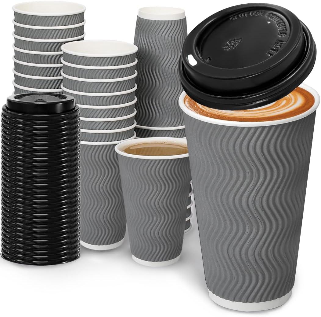 100 Pack 16 oz Coffee Cups with Lids, Disposable Insulated Hot Cups To Go Paper Coffee Cups, Corrugated Ripple Wall Cup for Hot Drink, Office, Coffee Bar (Grey 16 oz)