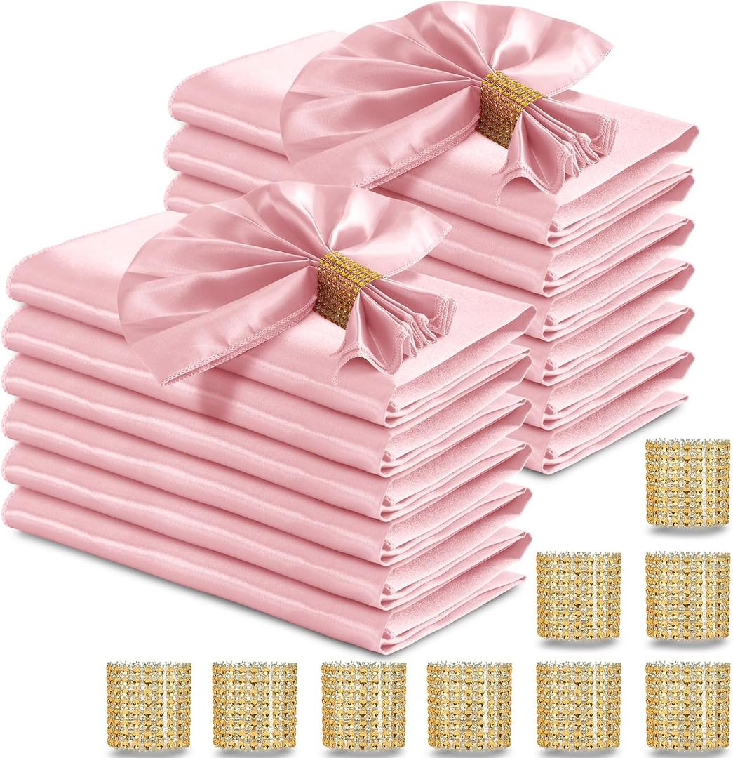 RUDONG M 100 Pcs Light Pink Satin Napkins and Napkin Rings Set, 17 x 17 Inch Square Cloth Napkins Set of 50, Silky Soft Table Napkins Bulk for Weddings, Banquet, Parties Dinner Decoration