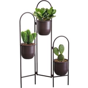 TRIROCKS 3 Tier Plant Stand with 3 Removable Metal Pots Indoor Outdoor Corner Plant Rack, 35" H Space Saving Flower Pot Holder for Living Room, Balcony, Patio & Garden(Brown)
