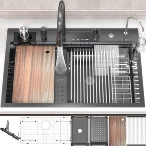 33x22 inch Waterfall Kitchen Sink Drop In with Workstation 16 Gauge Metal Black Stainless Steel Single Bowl Nano Honeycomb Embossed Pattern