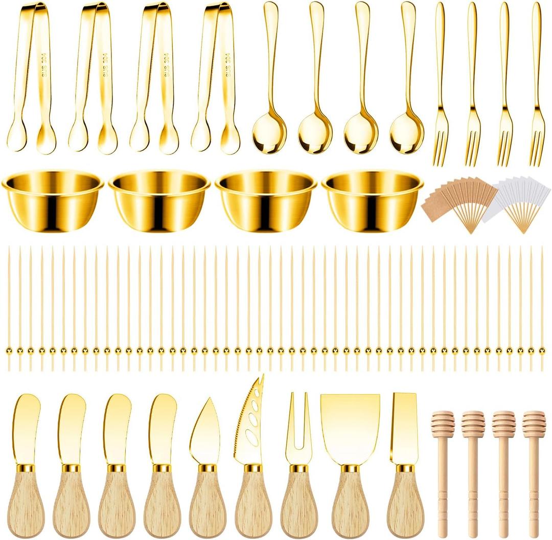 169 Pcs Charcuterie Boards Accessories Gold Charcuterie Utensils Cheese Butter Spreader Knife Set Small Serving Tongs Forks and Spoons Dipping Bowls Honey Dipper Toothpick Flags Cocktail Picks