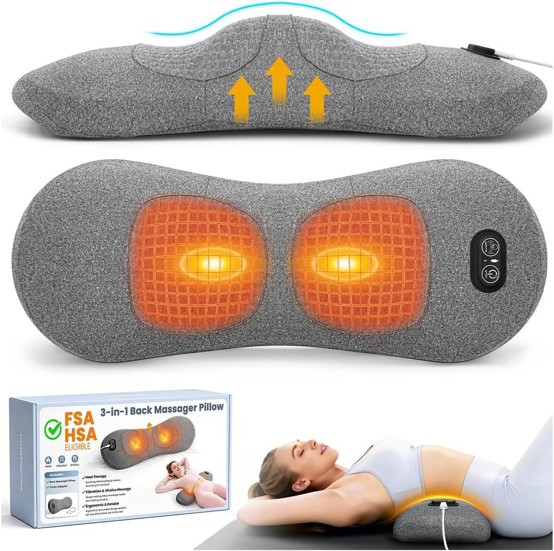 3-in-1 Electric Lumbar Support Pillow - FSA Eligible HSA Eligible, Triple Fusion Back Massager with Heat, Vibration and Tractionage, Lower Back Massager for Pain Relief Deep Tissue, Grey