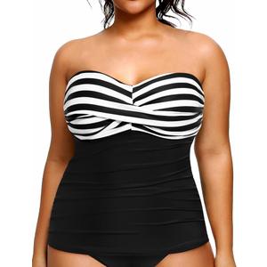 Aqua Eve Plus Size Tankini Top Only Bandeau Swim Top Strapless Swimsuit Top Black and White Stripe 20W
