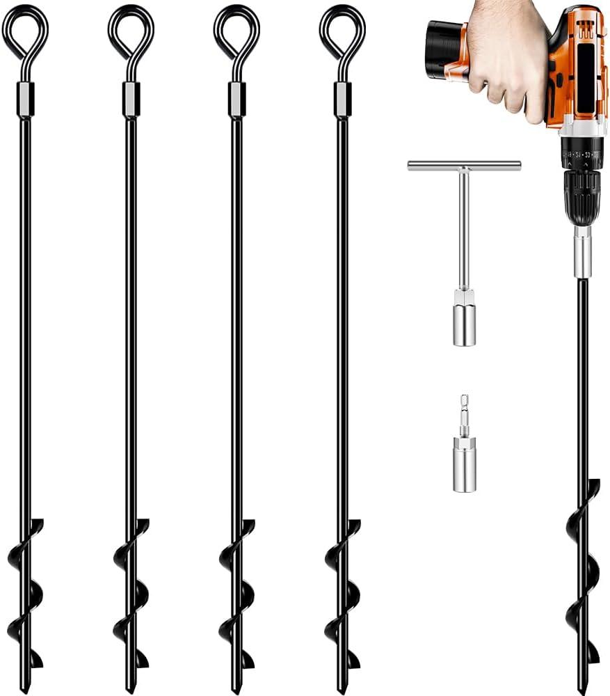 Ground Anchors 24 Screw in Heavy Duty Ground Anchors,Tent Stakes for Camping Tent, Trampoline, Canopies, Carports, Sheds, Swing Sets, Black Anti-Rust Coating for High Wind (4 x 24)