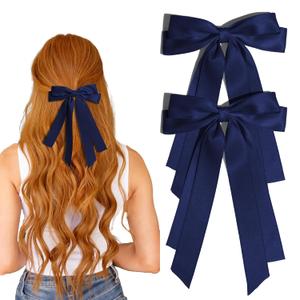 2 x 2 PCS Hair Bows for Women Silky Satin Navy Blue Bows Hair Clip Ribbon Hair Accessories for Girls Bow Hair Clips