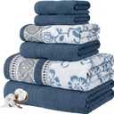 Modern Threads Floral Trail 6-Piece 100% Cotton Towel Set Reversible Yarn Dyed Jacquard - Includes 2 Bath Towels, 2 Hand Towels, 2 Washcloths Absorbent, Quick Dry, Soft & Durable Navy