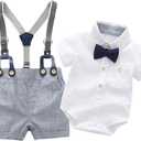Boarnseorl Baby Boys Gentleman Outfits Suits, Infant Shirt+Shorts+Bow Tie+Suspenders (White, 8-9M)