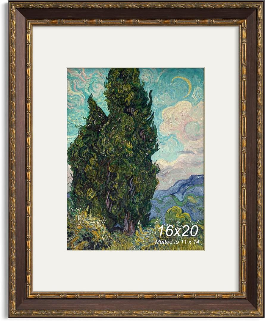 Yaetm 16x20 Vintage Picture Frame, Ornate Antique Bronze 16x20 Frame for Wall, White Mat for 11x14 Photos, 1.4-inch Wide Molding - Portrait or Landscape - Wall Mount for Home (Brown/Gold, Single), 16x20 - 1 pack
