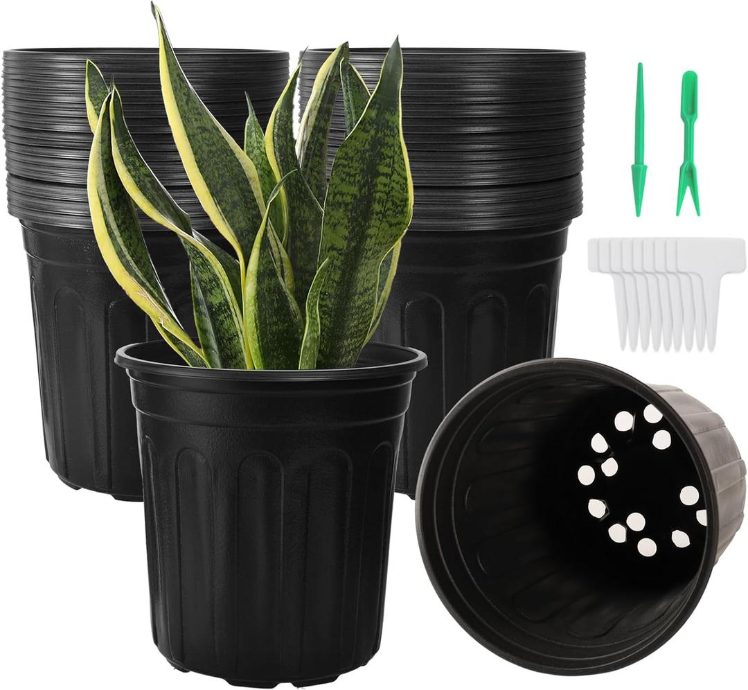 100 Pack 1 Gallon Flexible Plant Nursery Pots, Thickened Soft Plastic Plant Pots with 100Pcs Waterproof Plastic T-Type Plant Tags and 2Pcs/Set Transplanting Digging Mini Tools(Black) (6.5 inch, Black)