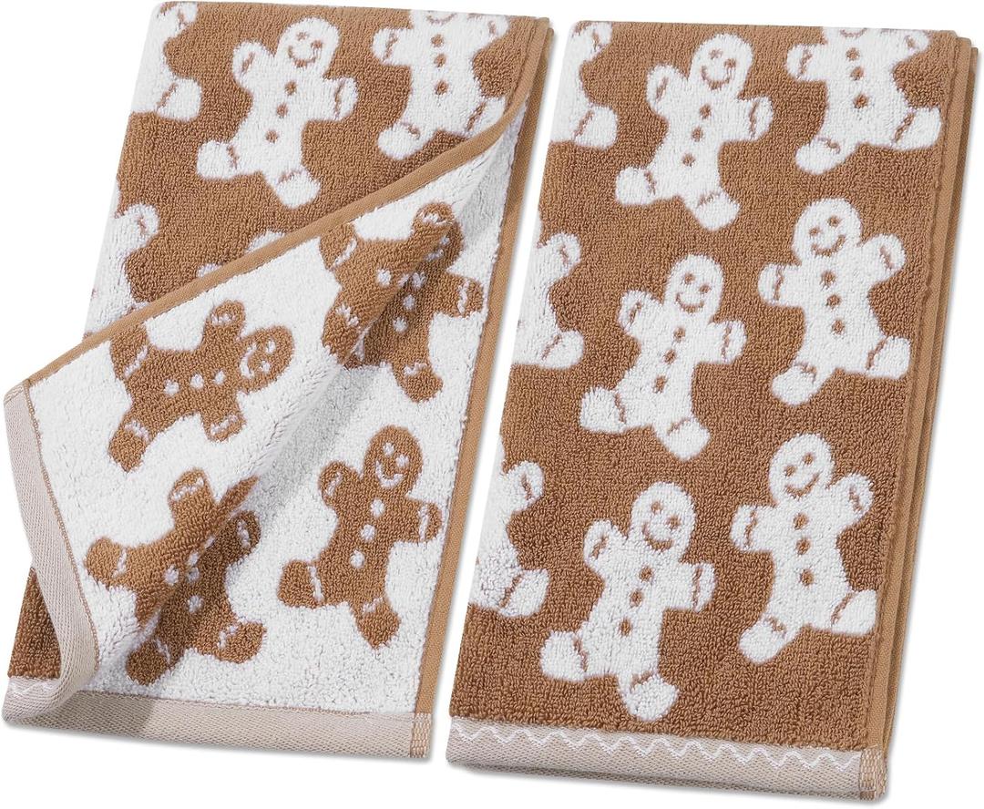 Shemilly 2pcs Christmas Hand Towels Brown Xmas Gingerbread Jacquard Hand Towel for Bath 100% Cotton Thick Soft Bathroom Kitchen Decorative Set for Christmas Winter Holiday Decor Gift,18 x 28 Inch