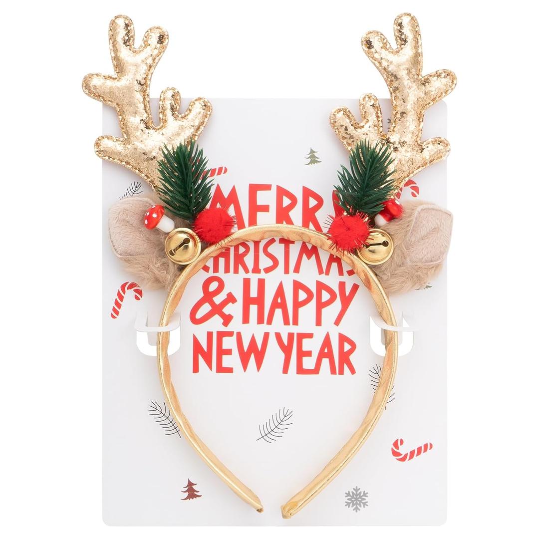 BLAAROOM Christmas Reindeer Antlers Headbands for Women Girls Glitter Elk Antlers Ears Headband with Jingle Bells Christmas Headwear Decorations - Gold