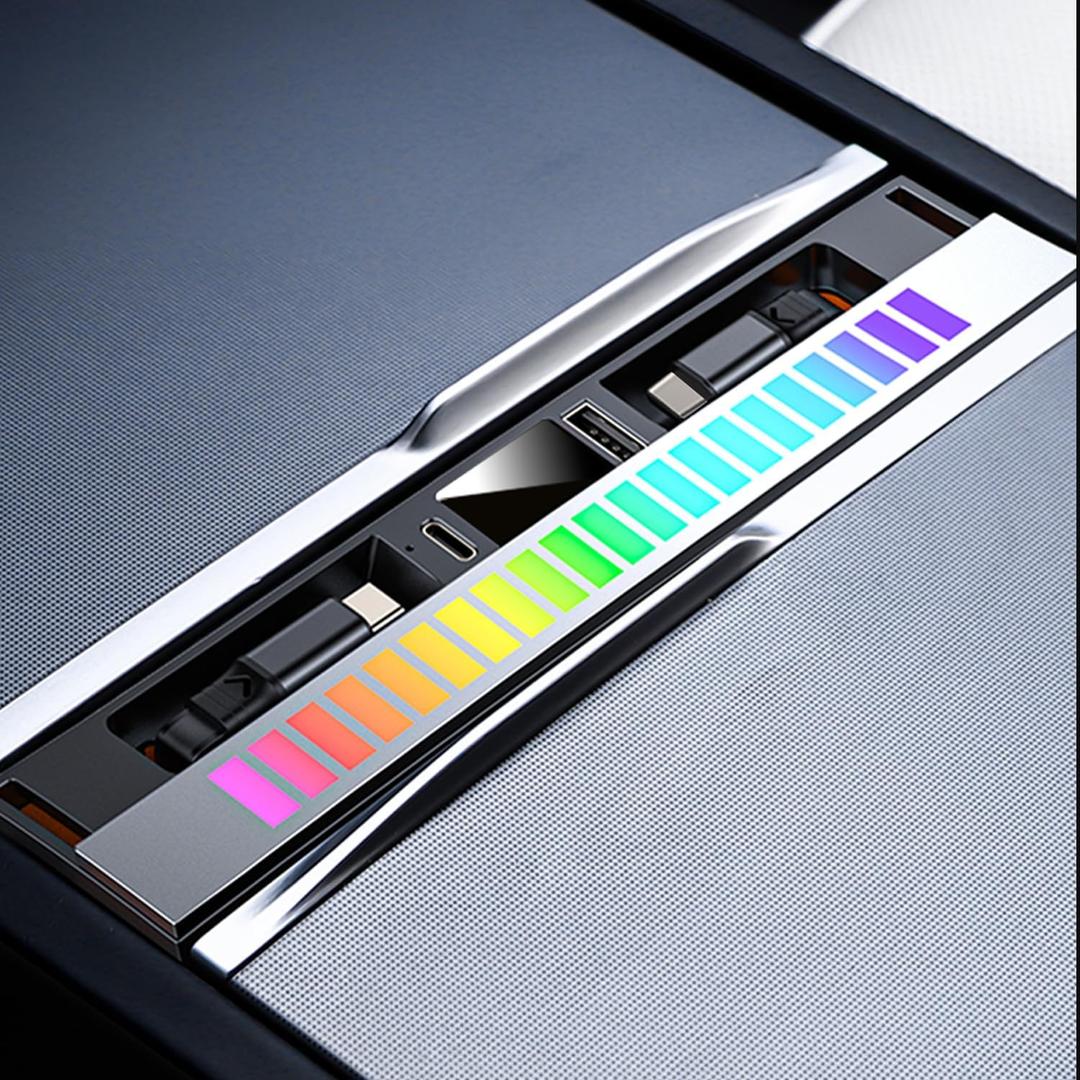 USB Hub for Tesla Model Y Juniper 2025 2026 Model 3 Highland 2024 2025 with Sliding Cover, Dual Type-C RGB Ambient Light Docking Station Multi Ports Retractable Cable fit Center Console