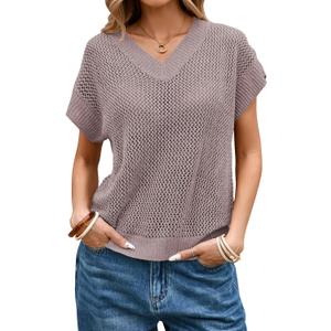 Cakulo Summer Crochet Tops for Women 2025 Short Sleeve V Neck Hollow Out Knit Beach Cover Up Casual Sweater Top (Small, Light Purple)