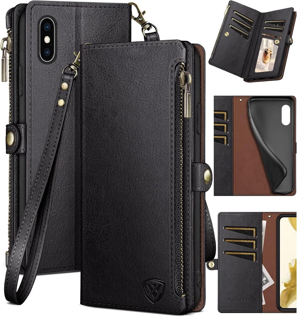 XcaseBar for iPhone Xs Max 6.5" Wallet case with Zipper Credit Card HolderRFID Blocking, Flip Folio Book PU Leather Phone case Shockproof Cover Women Men for Apple XS Max 6.5" case Black