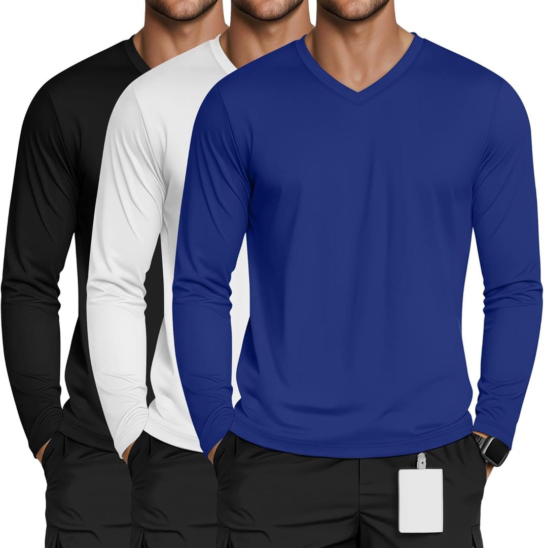 3 Pack Men's Long Sleeve Underscrub Nurse V Neck Scrub Undershirts Fitted Base Layer Tees for Medical Uniforms (Large, Royal Blue, White, Black)