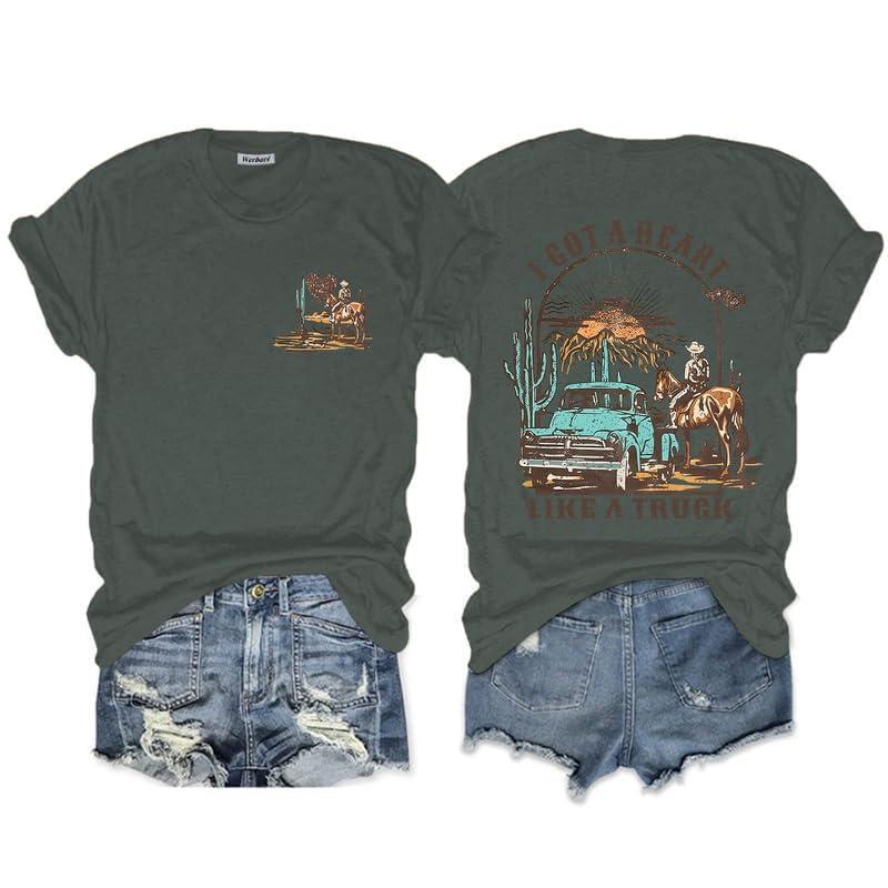 Wedsadl I Got A Heart Like A Truck T Shirt Women Country Music Shirts Nashville Concert Western Cowgirl Vintage Graphic Tee(Deep Gray,2XL) (Gray, XXL)