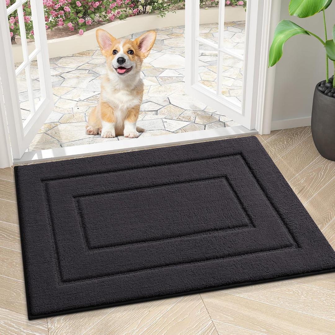Smiry Dog Door Mat for Muddy Paws, Absorbs Moisture and Dirt, Low-Profile Entryway Mat with Non-Slip Backing, Entry Indoor Outdoor Doormat for Inside Floor (24x16 Inches, Dark Grey, Bordered)