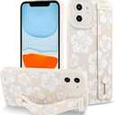 Fiyart Designed for iPhone 11 Case Cute Flowers with Strap Soft TPU Phone Cover Protective Camera Lens Protection for Women Men Floral Bumper with Stand 6.1"-White
