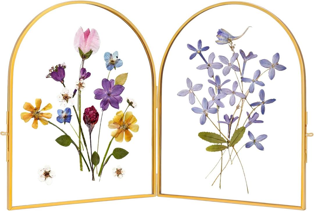 Double Glass Frame for Pressed Flowers Handmade, Pressed Flower Frame, Hinged Tabletop Brass Photo Frames, Dried Flower Display Folding Picture Frame for Home, ArcShaped, Gold, 810 Inches (8L" x 10W")