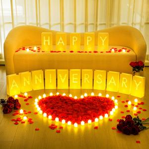 6088 Pcs Happy Anniversary Light up Letters with LED Flameless Tealight Candle Red Rose Petal Letter Luminary Paper Bag for Proposal Decoration Romantic Special Night Decor