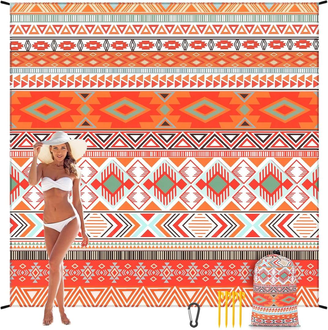 Beach Blanket Waterproof Sandproof Beach Mat 79" X 83"/10'x9'for 2-8 Adults Quick Drying Outdoor Picnic Mat Beach Accessories for Travel, Camping, Hiking (Bohemian Orange)