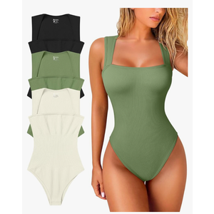 OQQ Women's 3 Piece Bodysuits Sexy Ribbed Strappy Square Neck Sleeveless Tummy Control Tank Tops Bodysuits, Size Medium