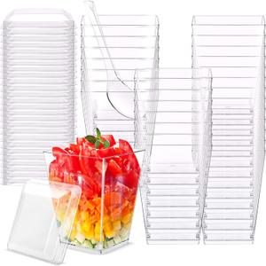 100 Pack Dessert Cups with Lids and Spoons 5 oz Mini Plastic Dessert Cups for Party Yogurt Parfait Jello Fruit Appetizer Cocktail Small Clear Reusable Square Dessert Bowls Shot Glasses