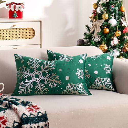 Christmas Lumbar Pillow Covers 12X20 Green Pillows Covers Silver Snowflake Glitter Cushion Covers Rectangle Throw Pillow Cover Cute Decorative Pillowcases Holiday Decor for Couch Sofa Bedroom Set of 2